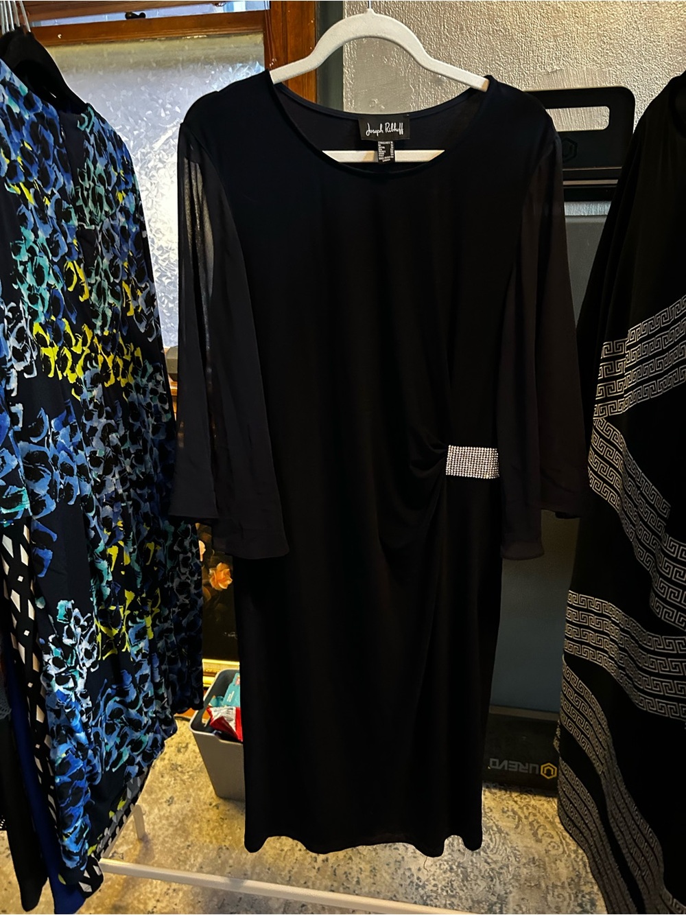 Joseph Ribkoff Black Midi Dress with Rhinestone Side Detail